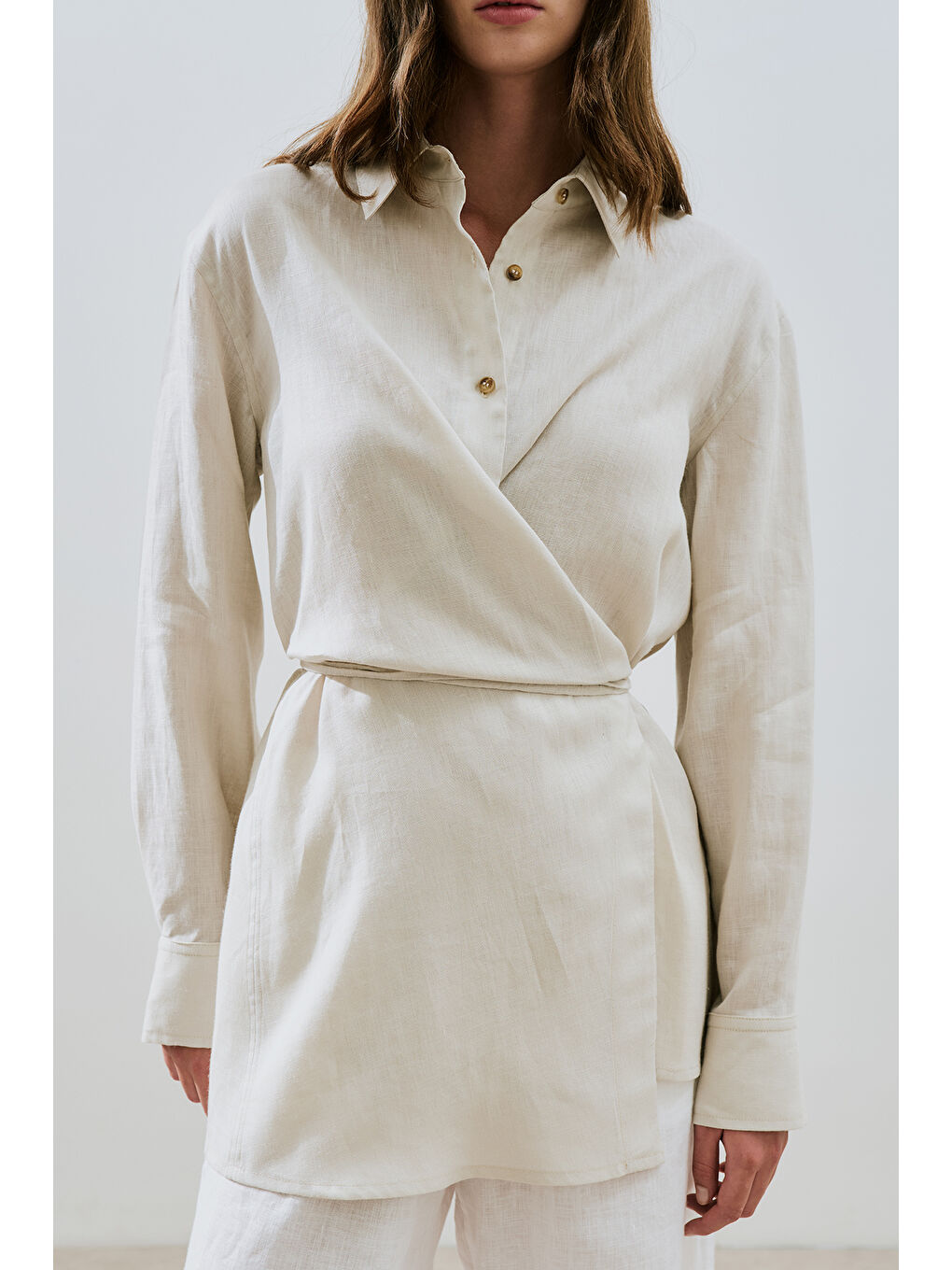 Bej Keten Bağlama Detaylı Gömlek Taş-4