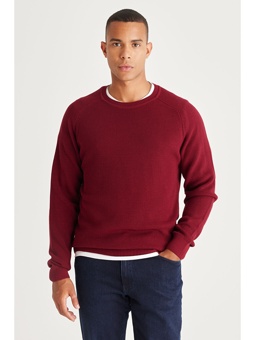 Erkek Bordo Standart Fit Normal Kesim Bisiklet Yaka Desenli Triko Kazak-2