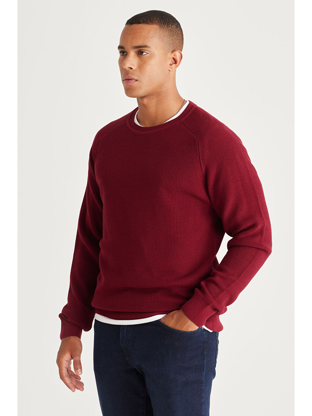 Erkek Bordo Standart Fit Normal Kesim Bisiklet Yaka Desenli Triko Kazak-3