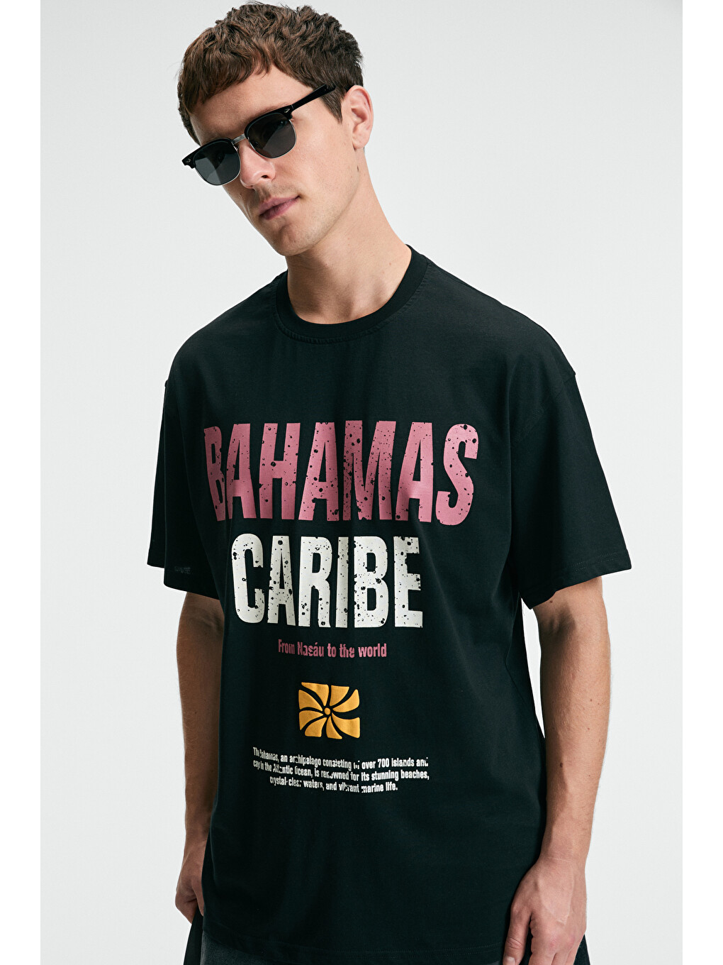 Nıbble Erkek Oversize %100 Pamuk Baskılı Yuvarlak Yaka Siyah T-shirt-1