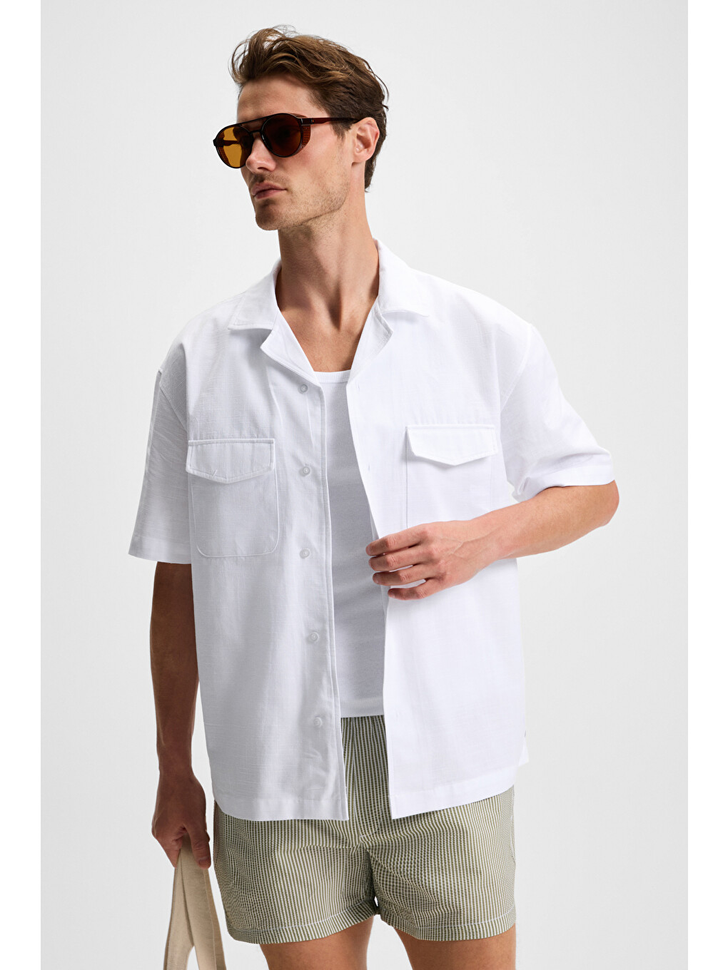 Beyaz TERO Erkek %100 Pamuk Apaj Yaka Kısa Kollu Flamlı Oxford Comfort Fit Hawaii BEYAZ Gömlek-3