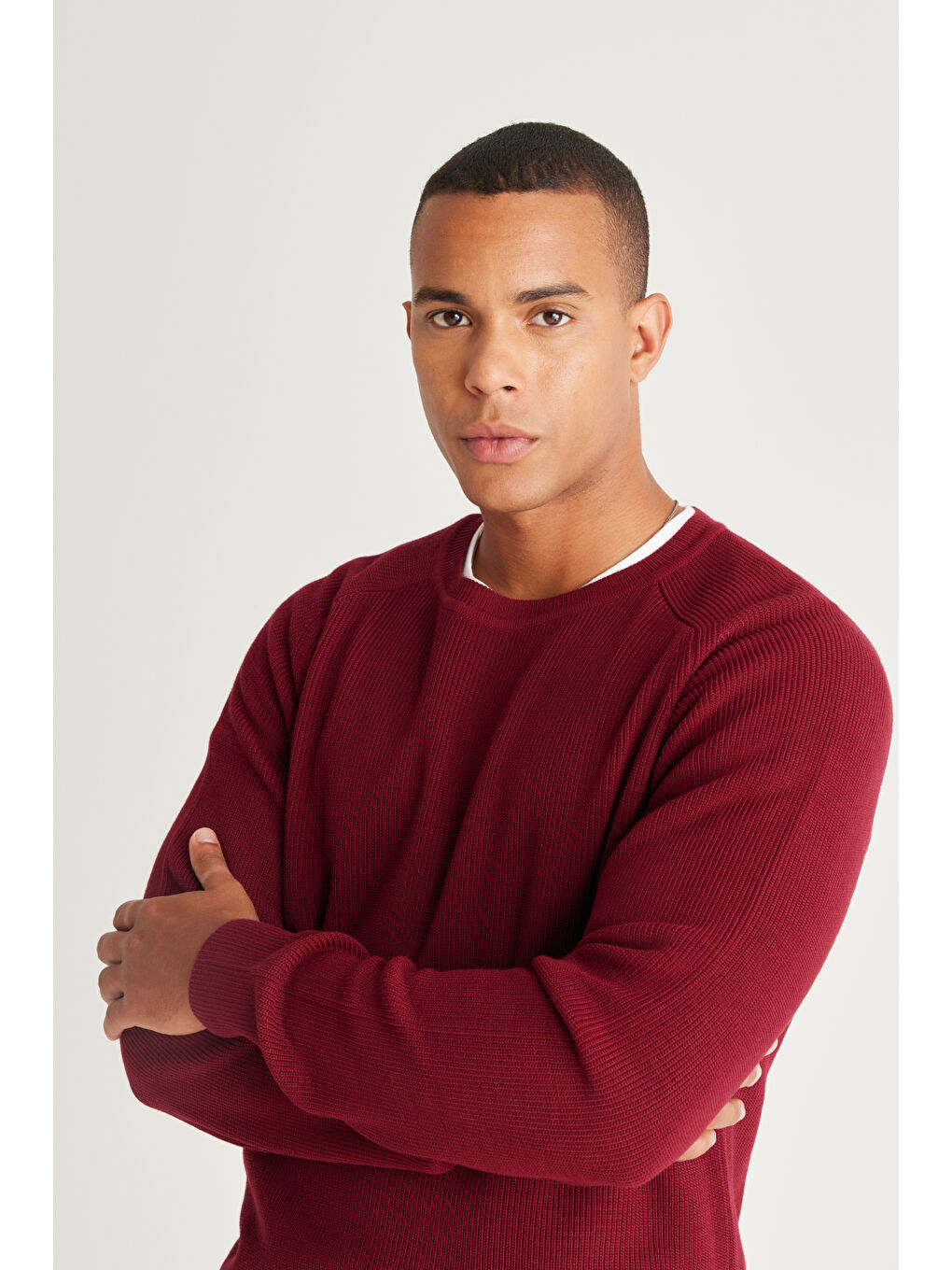 Erkek Bordo Standart Fit Normal Kesim Bisiklet Yaka Desenli Triko Kazak-4