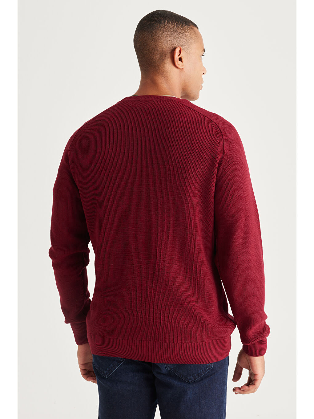 Erkek Bordo Standart Fit Normal Kesim Bisiklet Yaka Desenli Triko Kazak-5