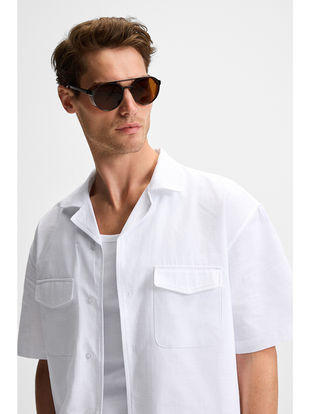 Beyaz TERO Erkek %100 Pamuk Apaj Yaka Kısa Kollu Flamlı Oxford Comfort Fit Hawaii BEYAZ Gömlek-4