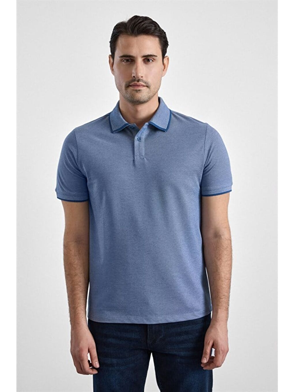 Saks Mavi Regular Düz Baskısız Pike Fermuarlı Polo Yaka Nefes Alabilen Tişört