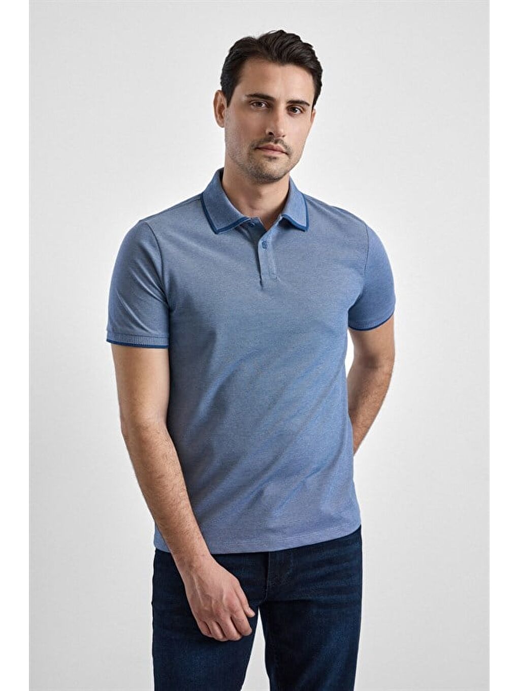 Saks Mavi Regular Düz Baskısız Pike Fermuarlı Polo Yaka Nefes Alabilen Tişört-1