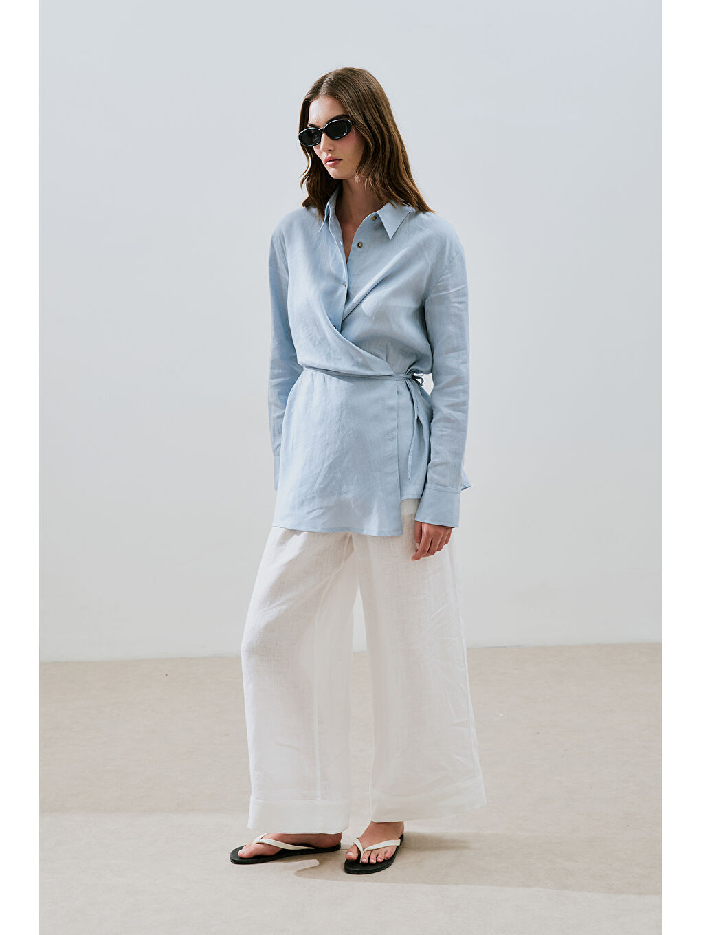 Keten Bağlama Detaylı Gömlek Mavi-2