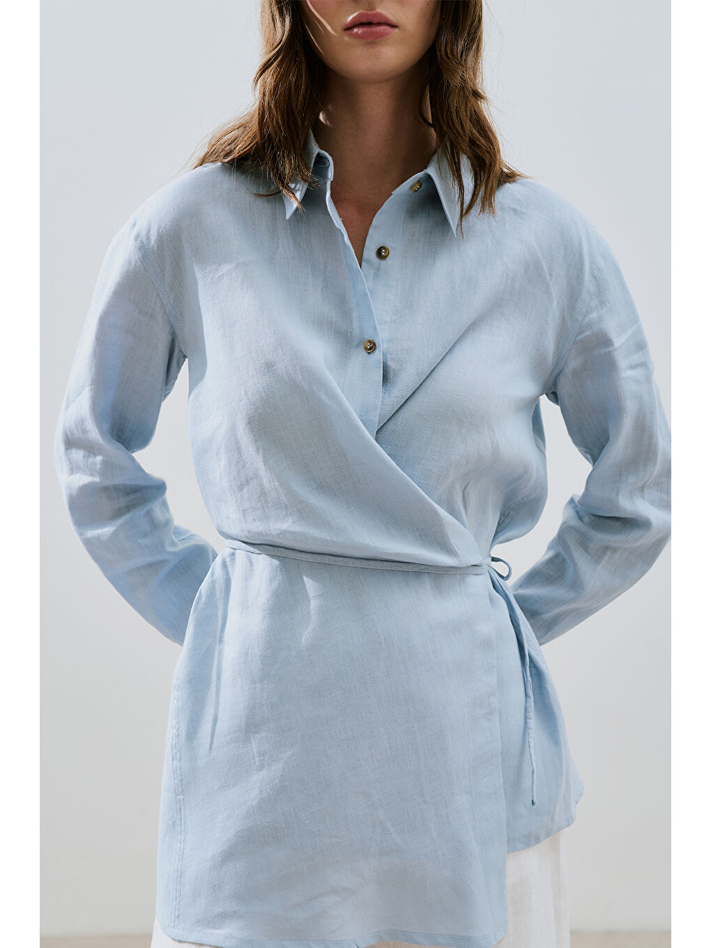 Keten Bağlama Detaylı Gömlek Mavi-3