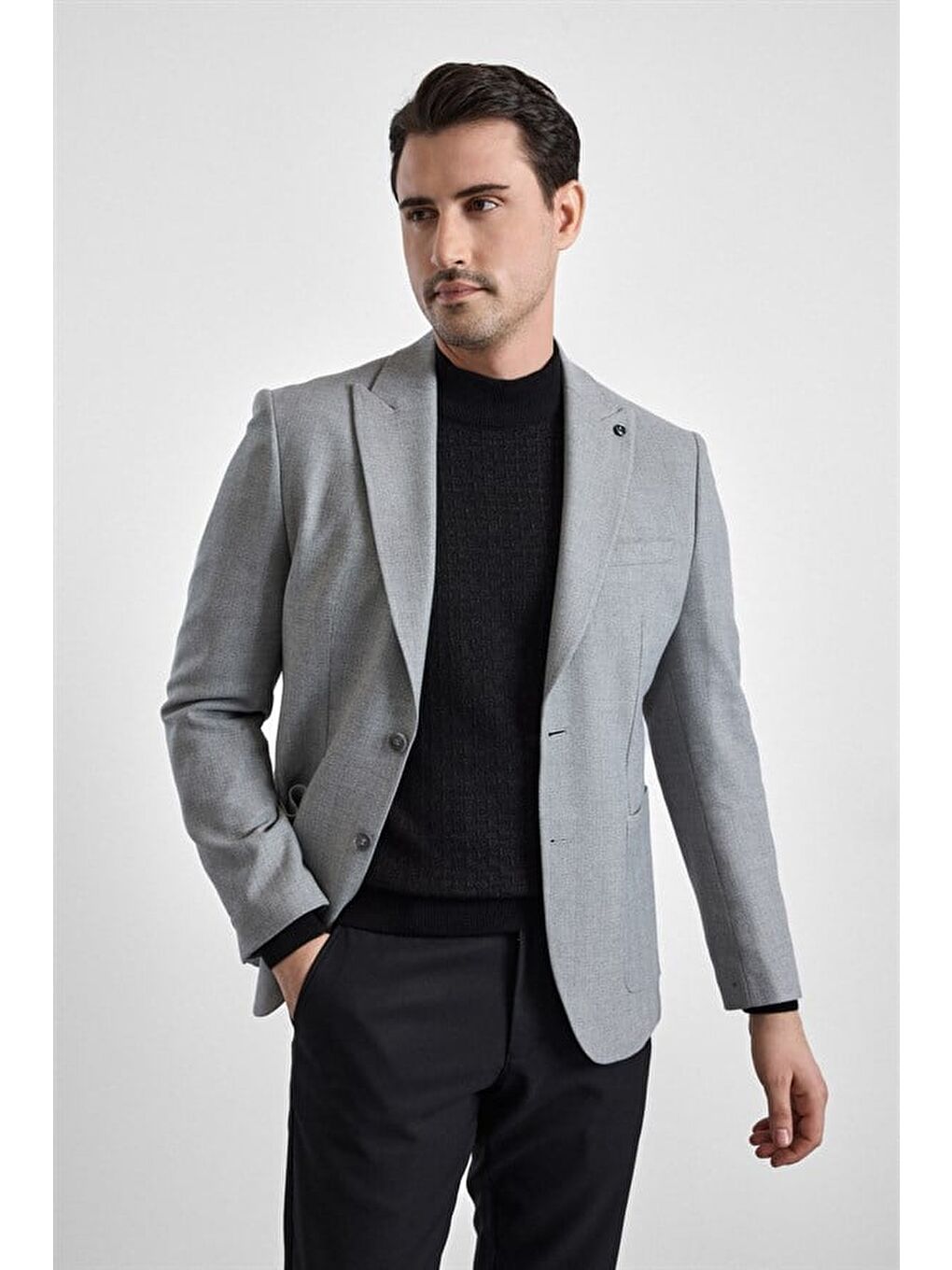 Bej Gri Slim Mono Yaka Torba Cep 6 Drop Klasik Ceket