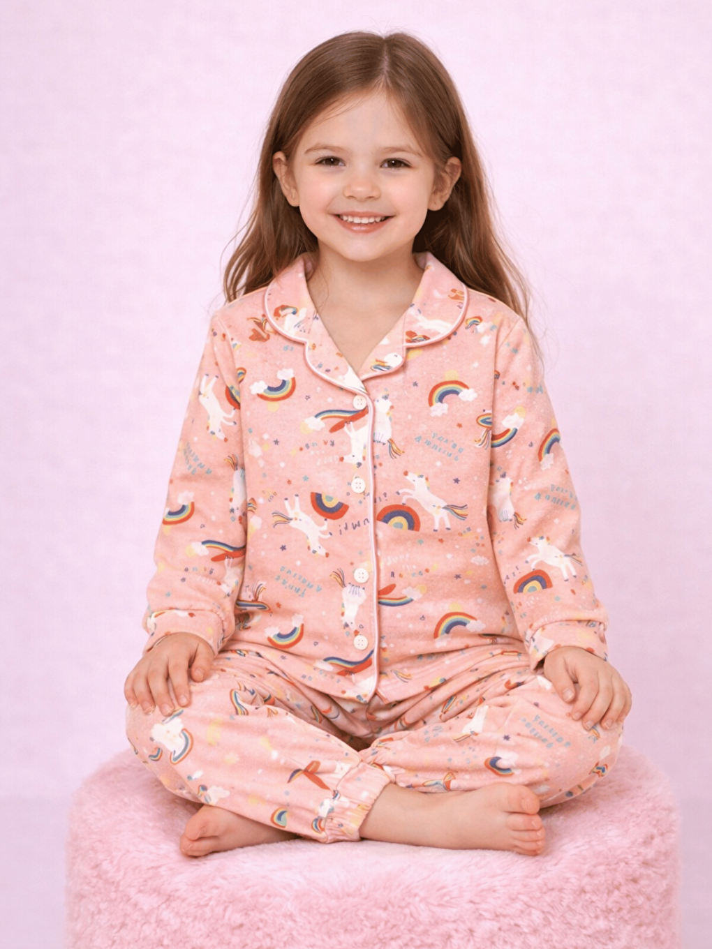 Pembe Bebe Yaka Düğmeli Kız Çocuk Pijama Takımı-1