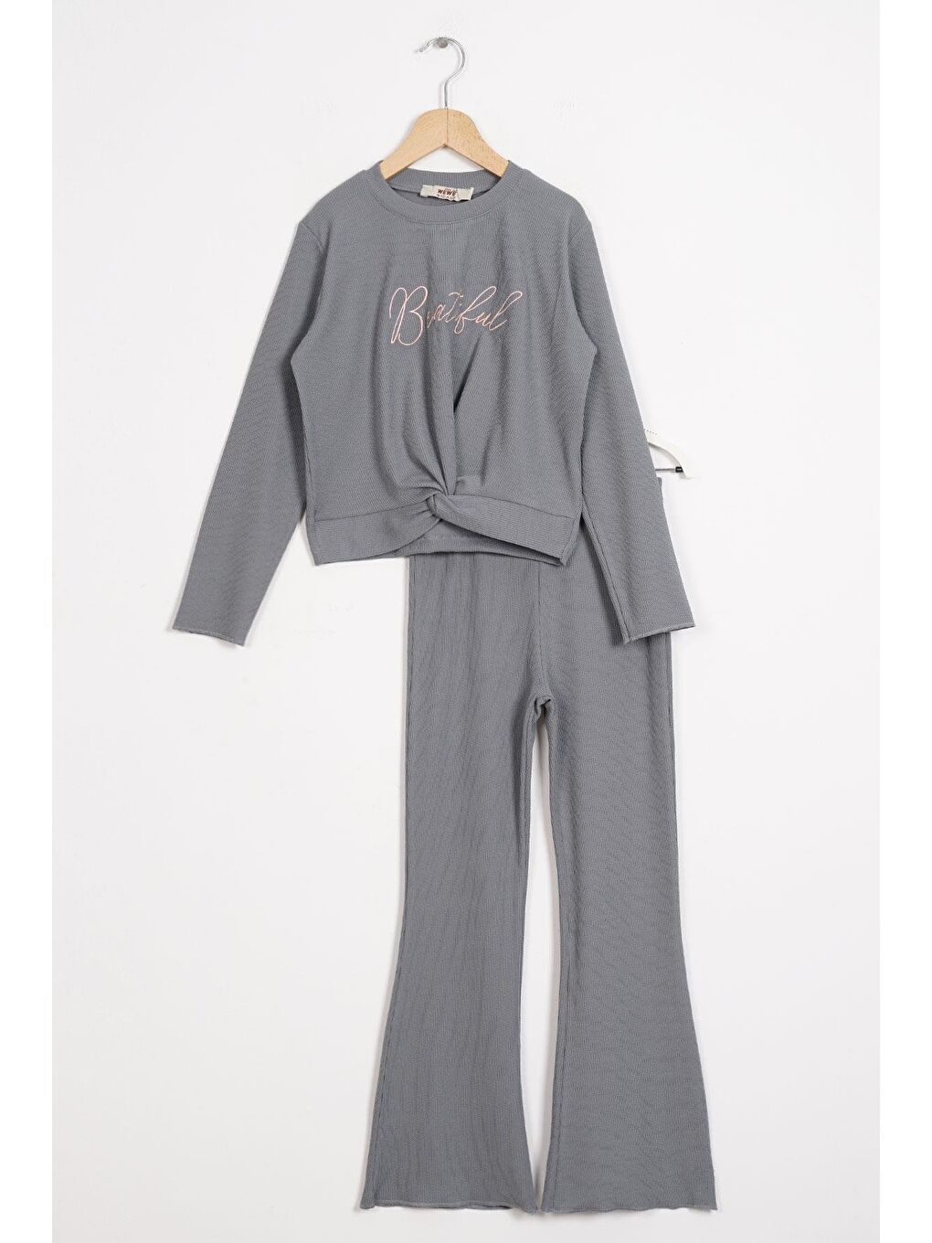 Antrasit Bisiklet Yaka Baskılı Kız Çocuk Pantolon Takım