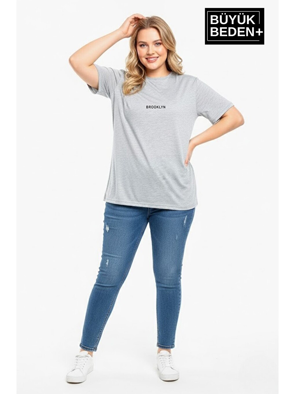 Gri Kadın Büyük Beden Orta Brooklyn Baskılı 3xl-6xl Bisiklet Yaka Tshırt SPR26BTSK510-8