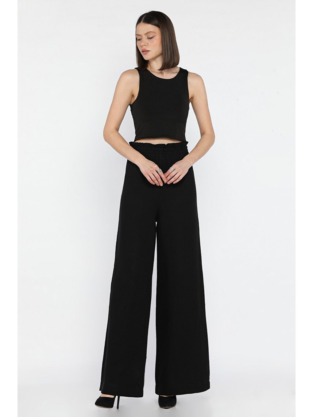 Siyah Kadın Bel Lastikli Yüksek Bel Bol Paça Palazzo Pantolon