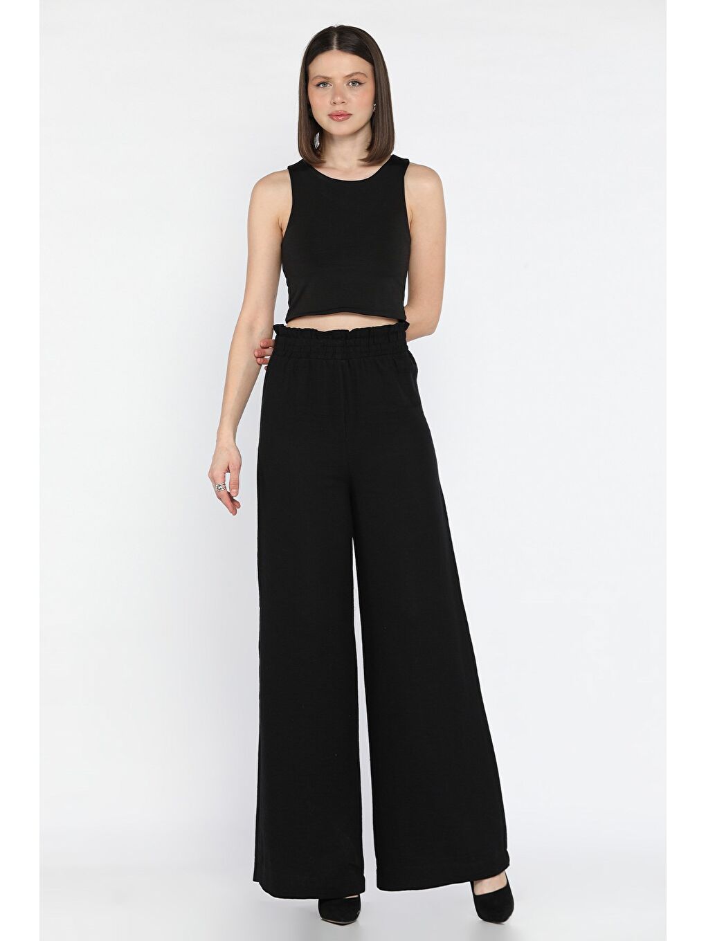 Siyah Kadın Bel Lastikli Yüksek Bel Bol Paça Palazzo Pantolon-1
