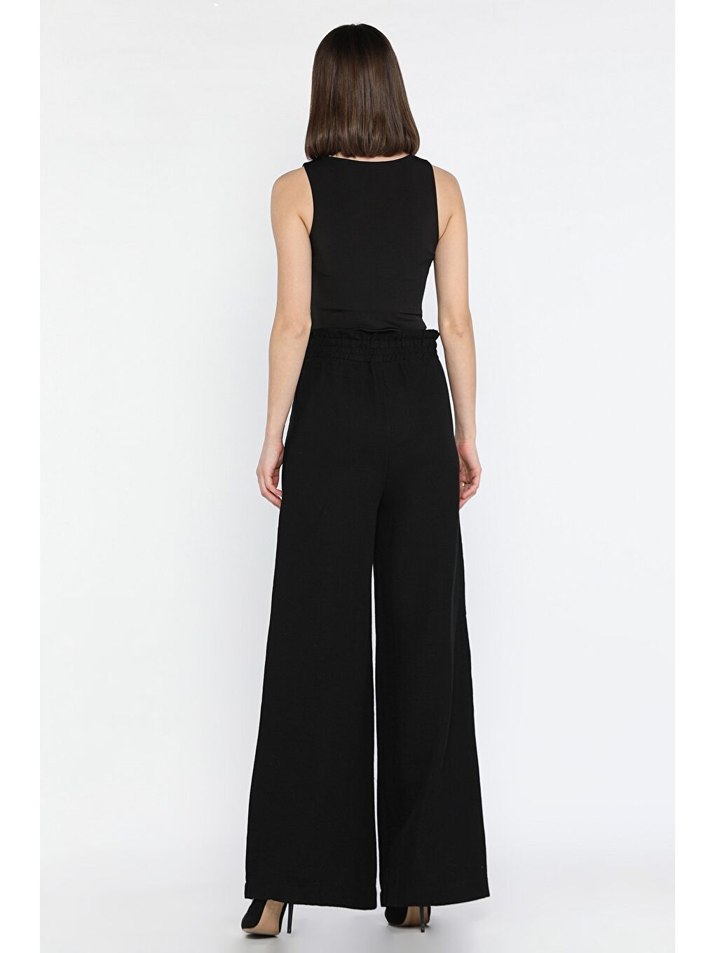 Siyah Kadın Bel Lastikli Yüksek Bel Bol Paça Palazzo Pantolon-2