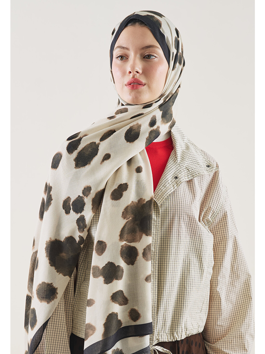 Cow Print Desen Rami Şal Bej-3