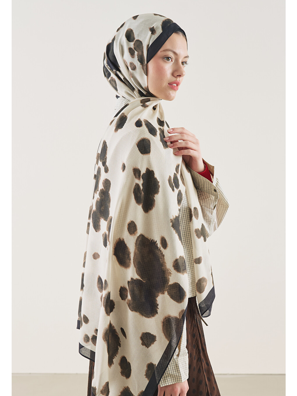 Cow Print Desen Rami Şal Bej-4