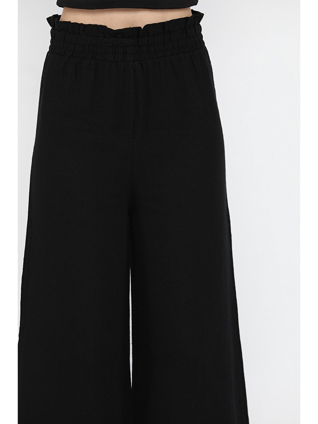 Siyah Kadın Bel Lastikli Yüksek Bel Bol Paça Palazzo Pantolon-3