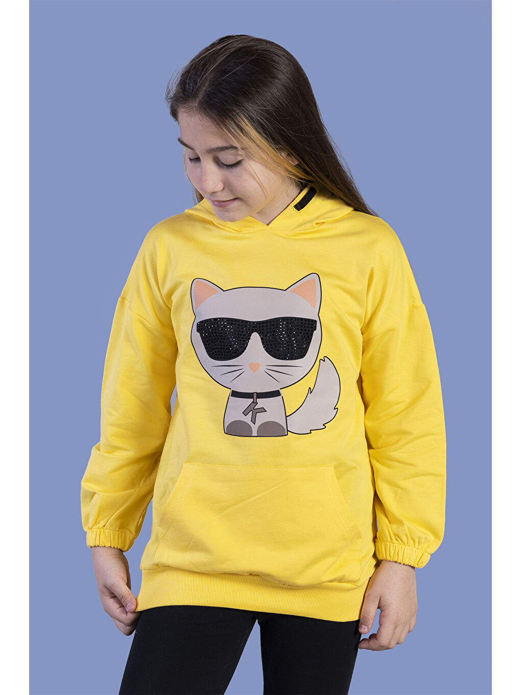 Sarı Kız Çocuk Kedi Desenli Taş İşlemeli Kanguru Cepli Sweatshirt-2