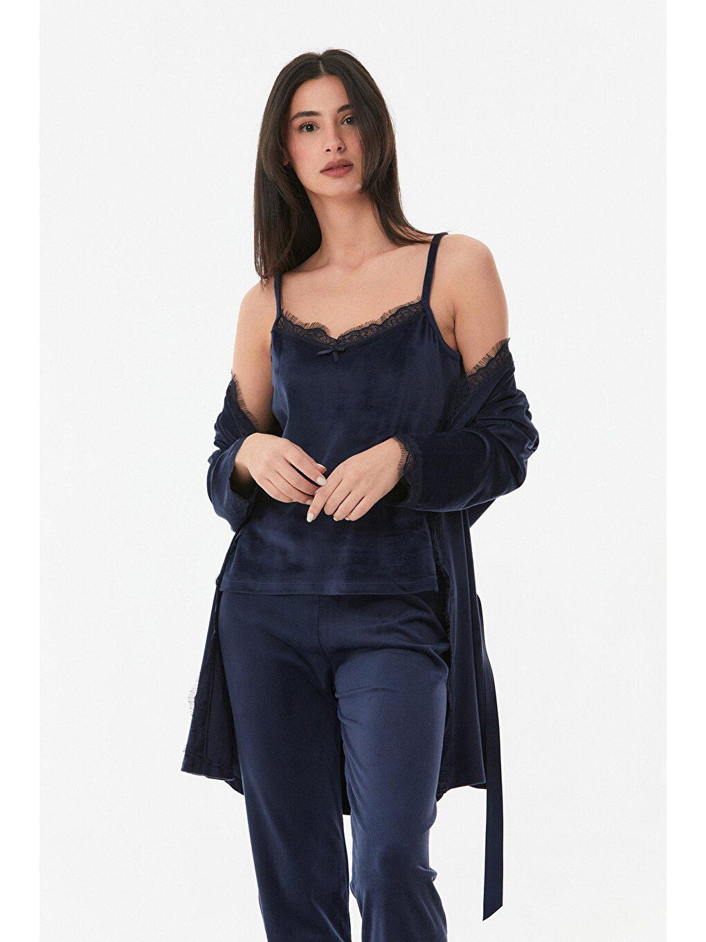 Lacivert Basic Kadife 3 Lü  Pijama Takımı-1