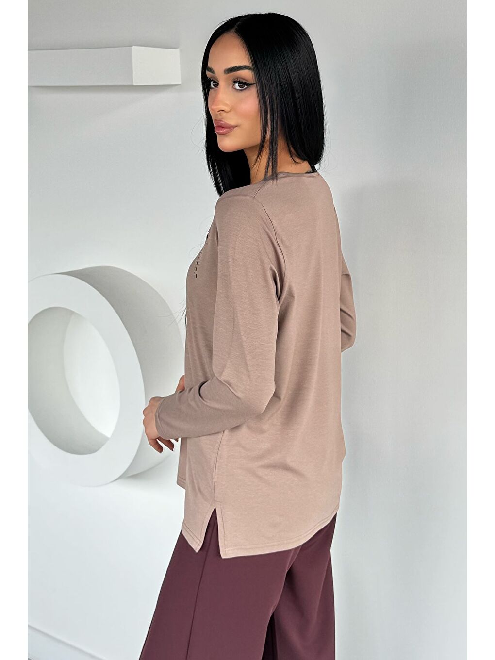 Bej Taşlı Anne Penye Bluz-3