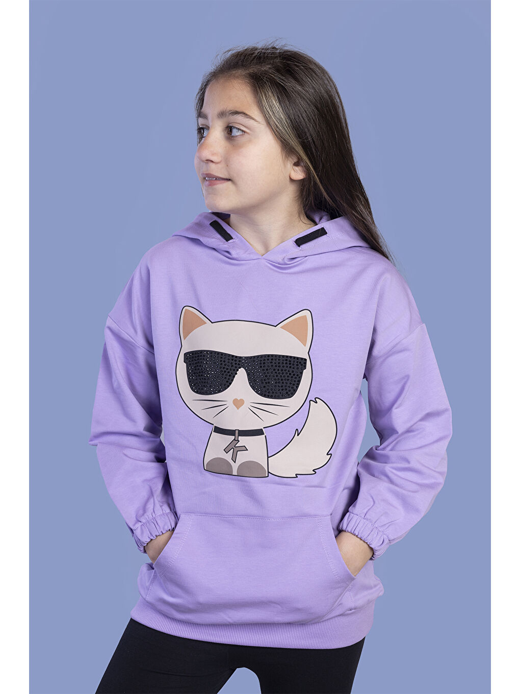 Lila Kız Çocuk Kedi Desenli Taş İşlemeli Kanguru Cepli Sweatshirt