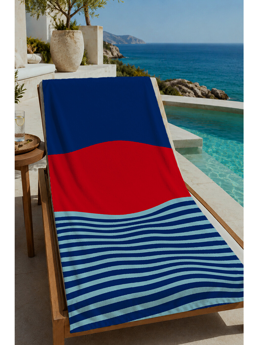 Lacivert Kırmızı Mavi Renk Bloklu Çizgili 70x150 Cm Dijital Baskılı Plaj Ve Banyo Havlusu