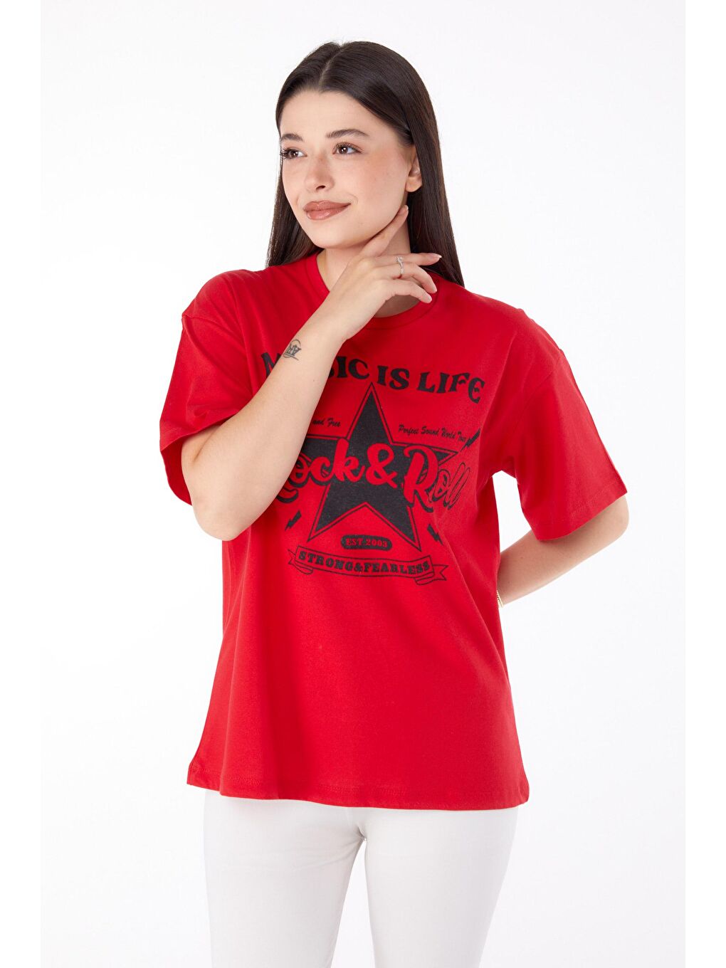 TOFİSA Kırmızı Düz Bisiklet Yaka Kadın Kırmızı Baskılı T-shirt - 25700