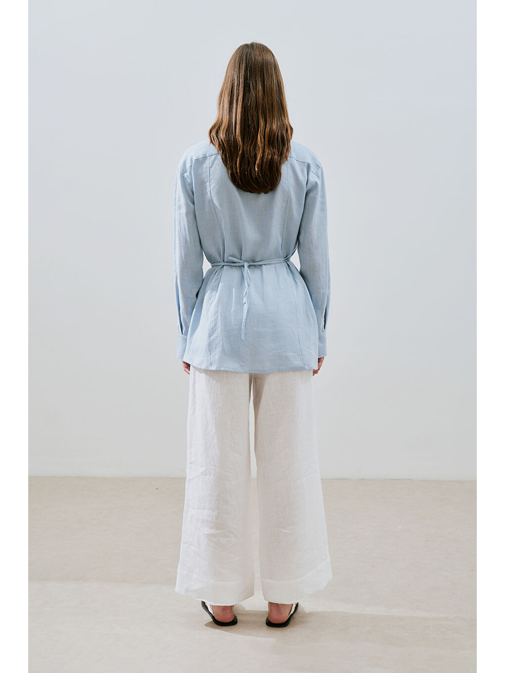 Keten Bağlama Detaylı Gömlek Mavi-6