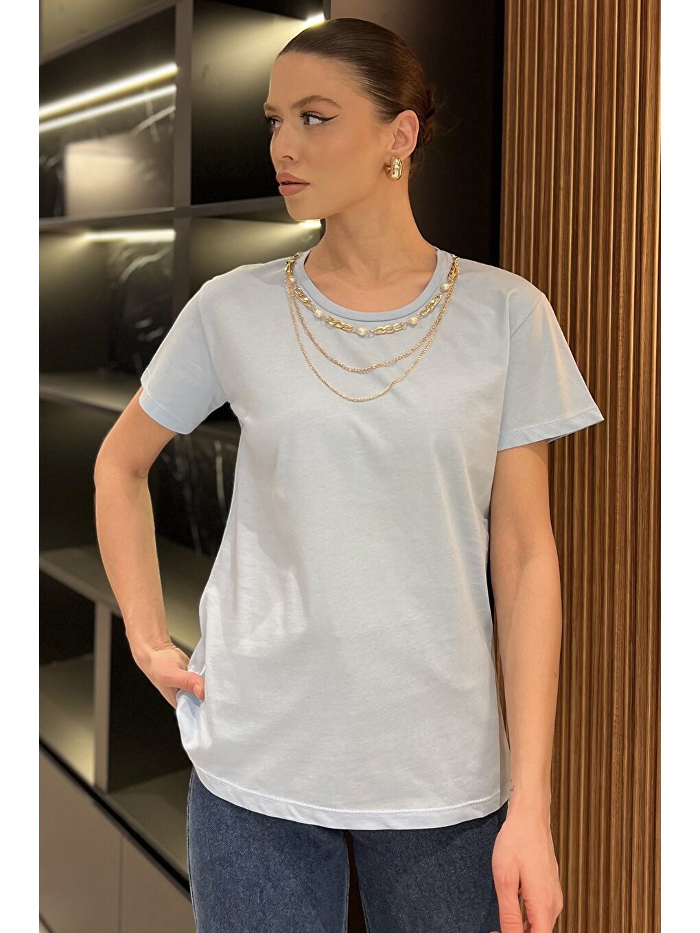 Mavi Kadın Aksesuarlı Bisiklet Yaka Tişört