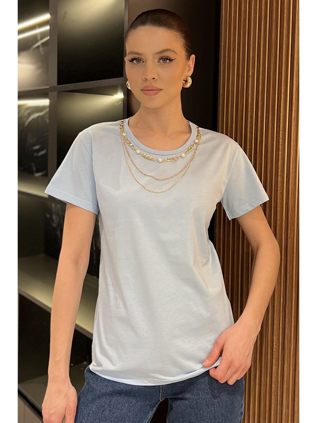 Mavi Kadın Aksesuarlı Bisiklet Yaka Tişört-1