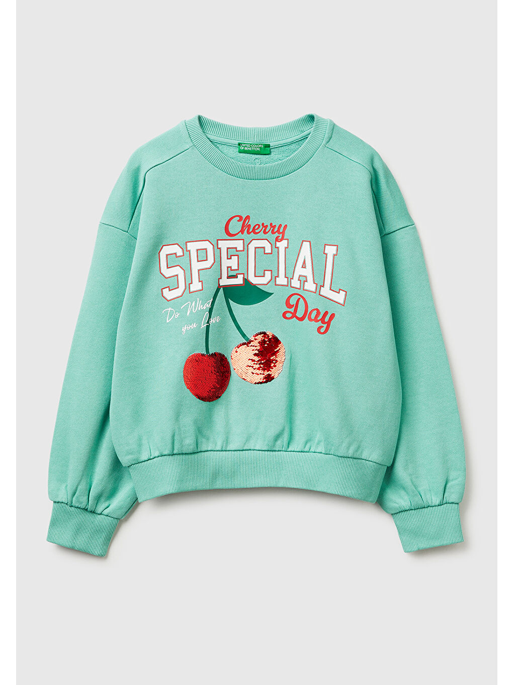 Yeşil Kız Çocuk Mint Simli Grafik Baskılı Yuvarlak Yaka Ribanalı Sweatshirt