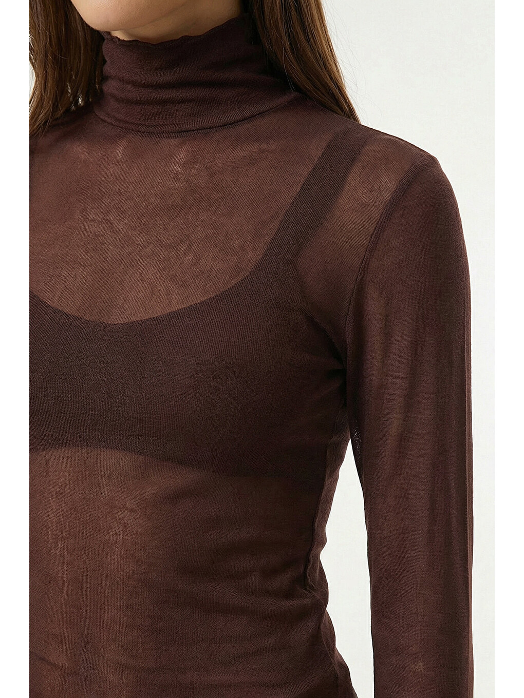 Kahverengi Dik Yaka Transparan Örme Bluz KAHVERENGİ LZV0046-2
