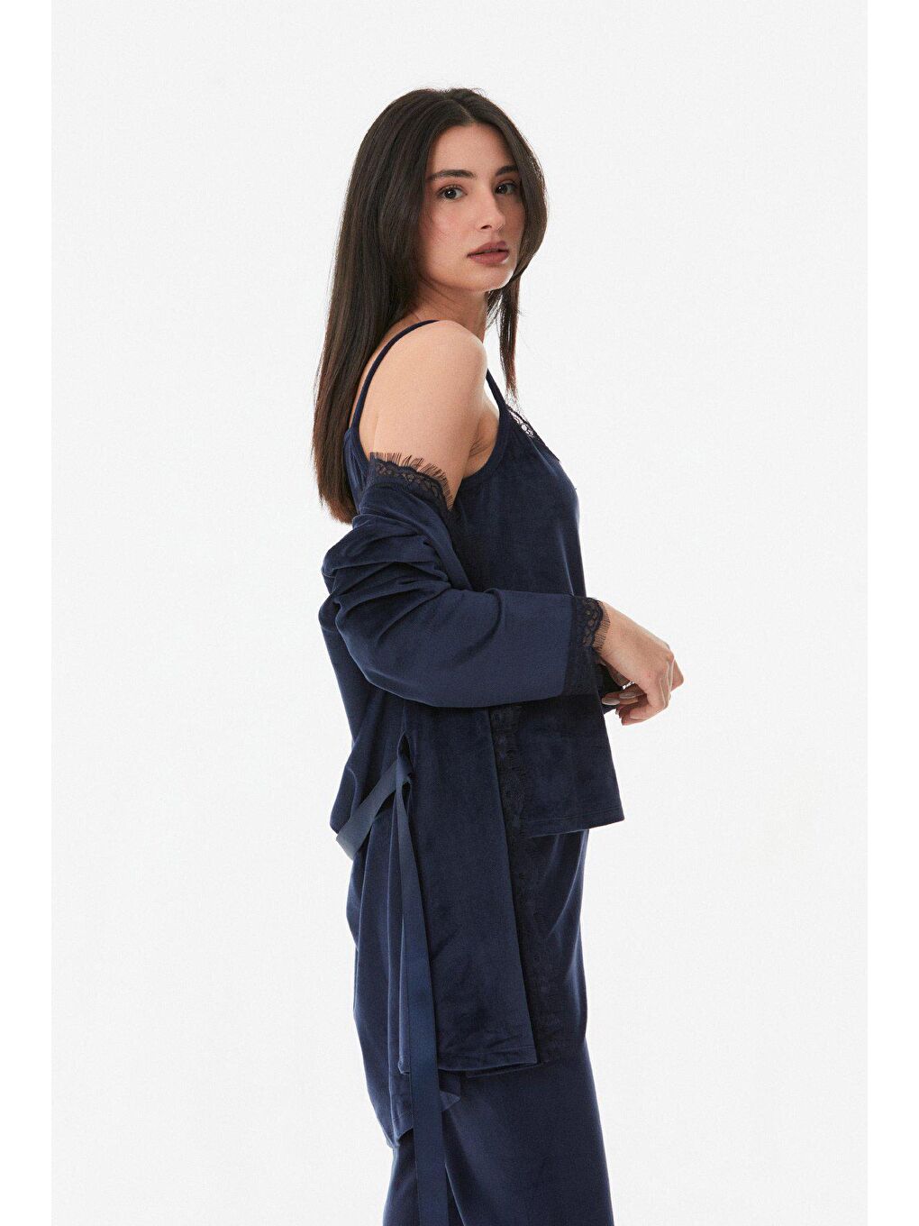 Lacivert Basic Kadife 3 Lü  Pijama Takımı-2
