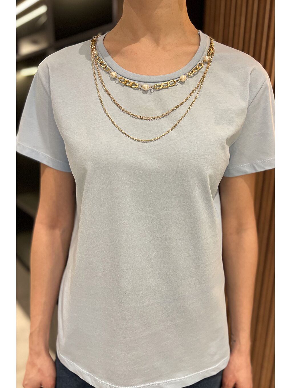 Mavi Kadın Aksesuarlı Bisiklet Yaka Tişört-3