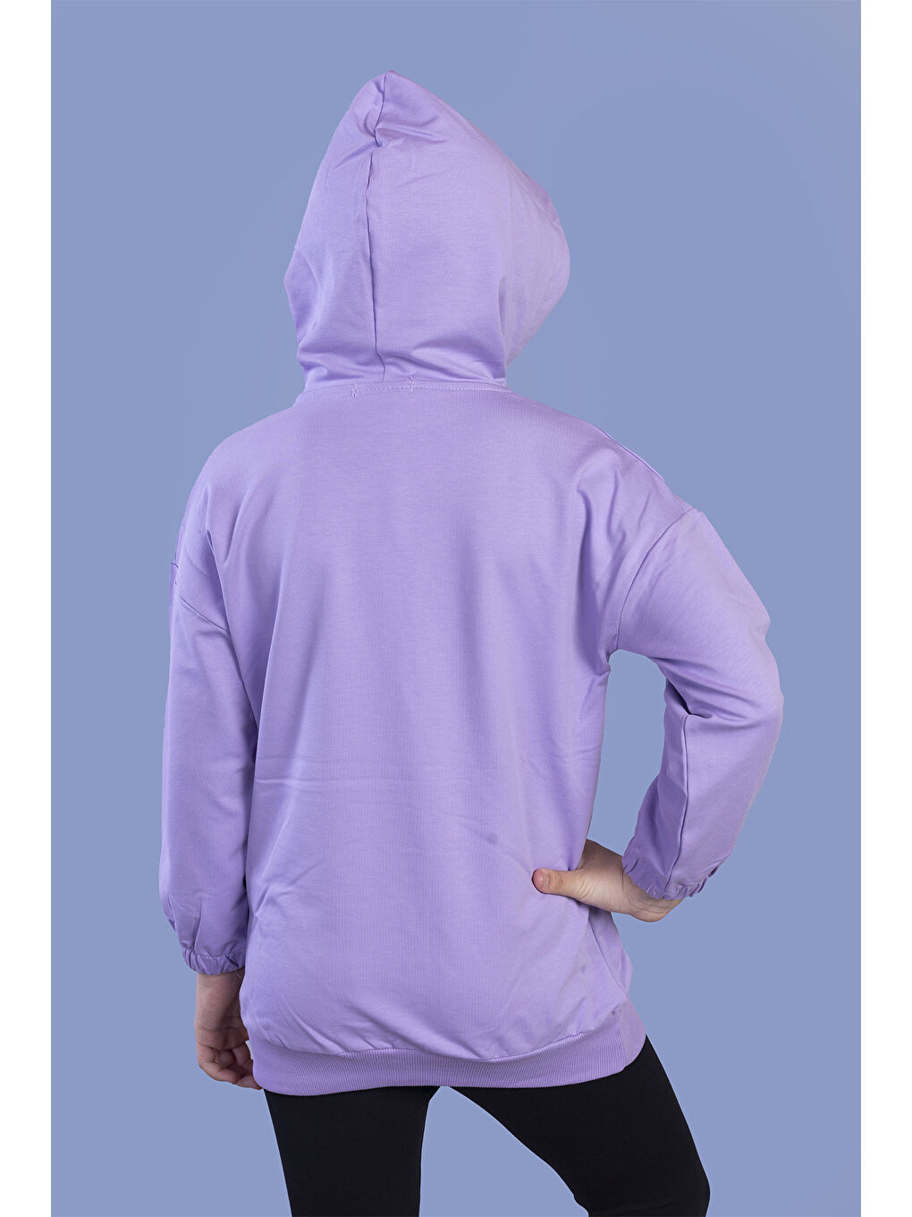 Lila Kız Çocuk Kedi Desenli Taş İşlemeli Kanguru Cepli Sweatshirt-1