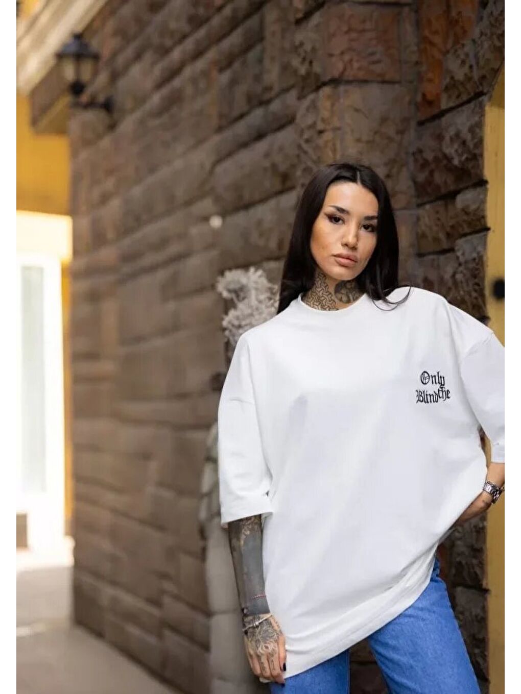 Unisex Bisiklet Yaka Baskılı Oversize T-Shirt - Beyaz-1