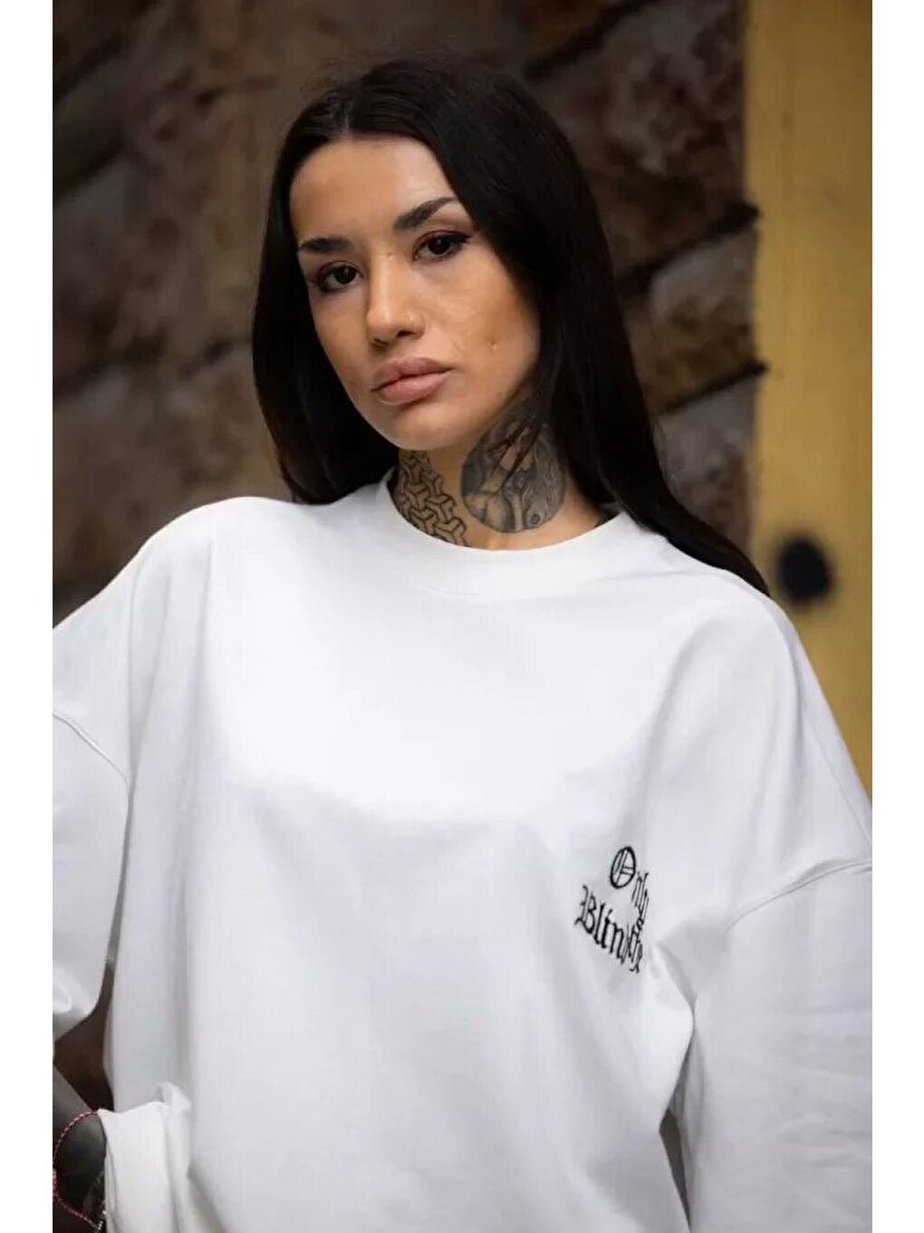 Unisex Bisiklet Yaka Baskılı Oversize T-Shirt - Beyaz-2
