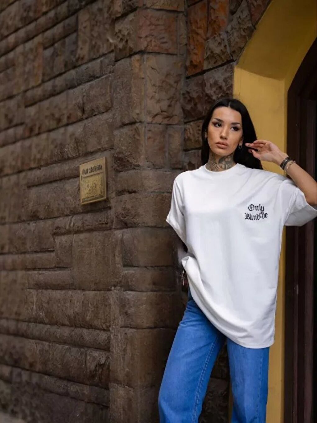 Unisex Bisiklet Yaka Baskılı Oversize T-Shirt - Beyaz-3