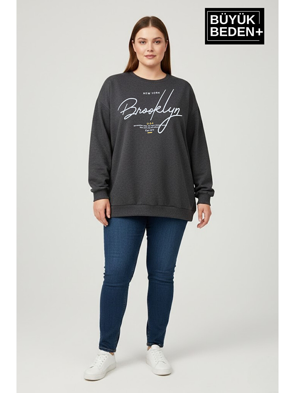 Antrasit Kadın Büyük Beden El Yazılı Brooklyn Baskılı Bisiklet Yaka İnce Sweatshirt SPR26BSWK956-6