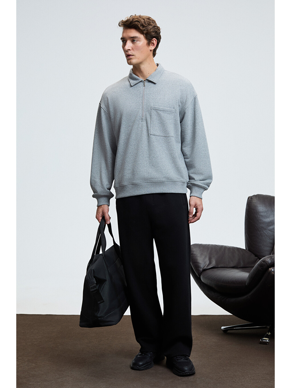 August Erkek %100 Pamuk Yarım Fermuarlı Yakalı Cepli Süs Etiketli Gri Melanj Sweatshirt-2
