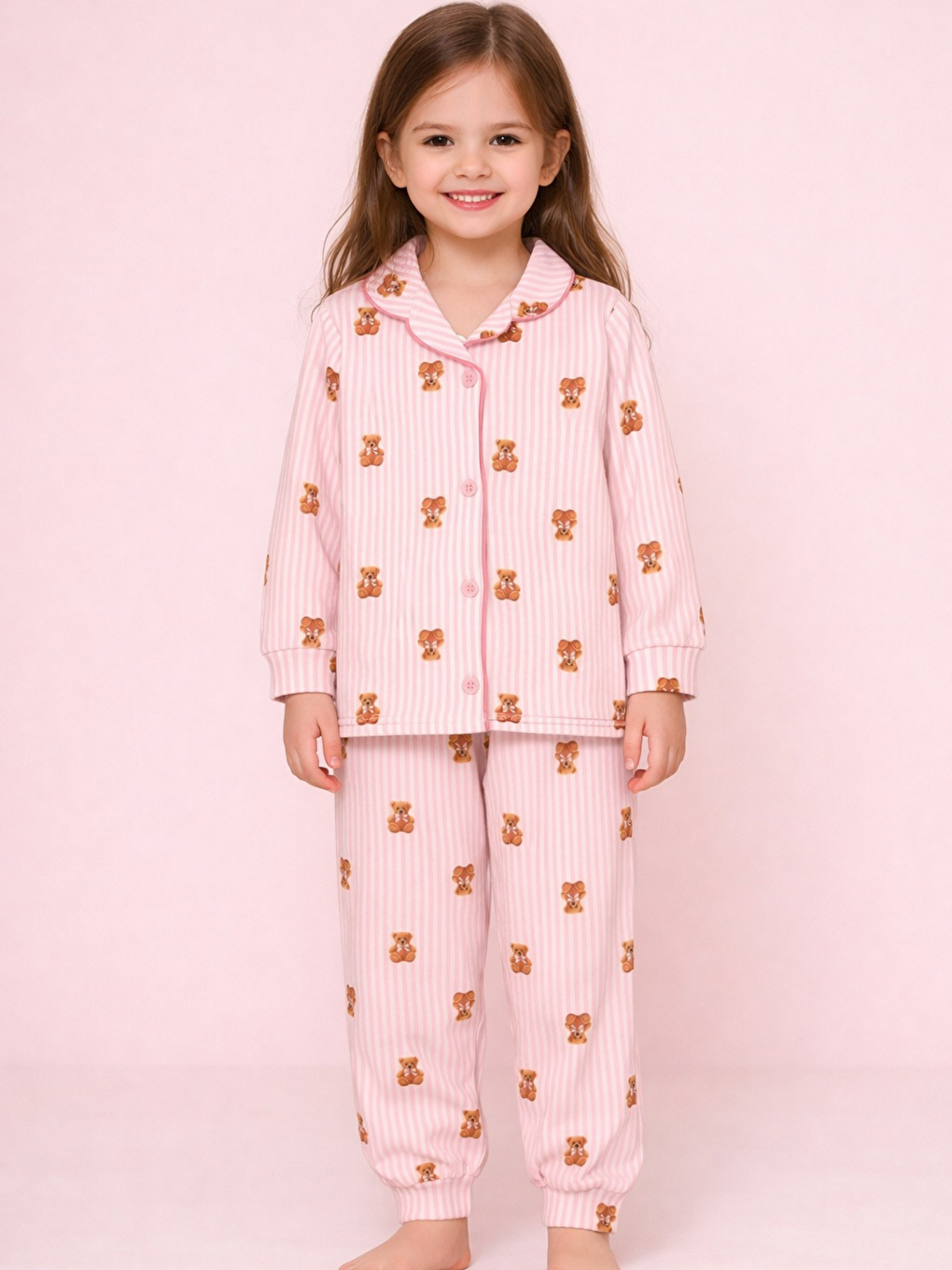 Pembe Bebe Yaka Düğmeli Kız Çocuk Pijama Takımı