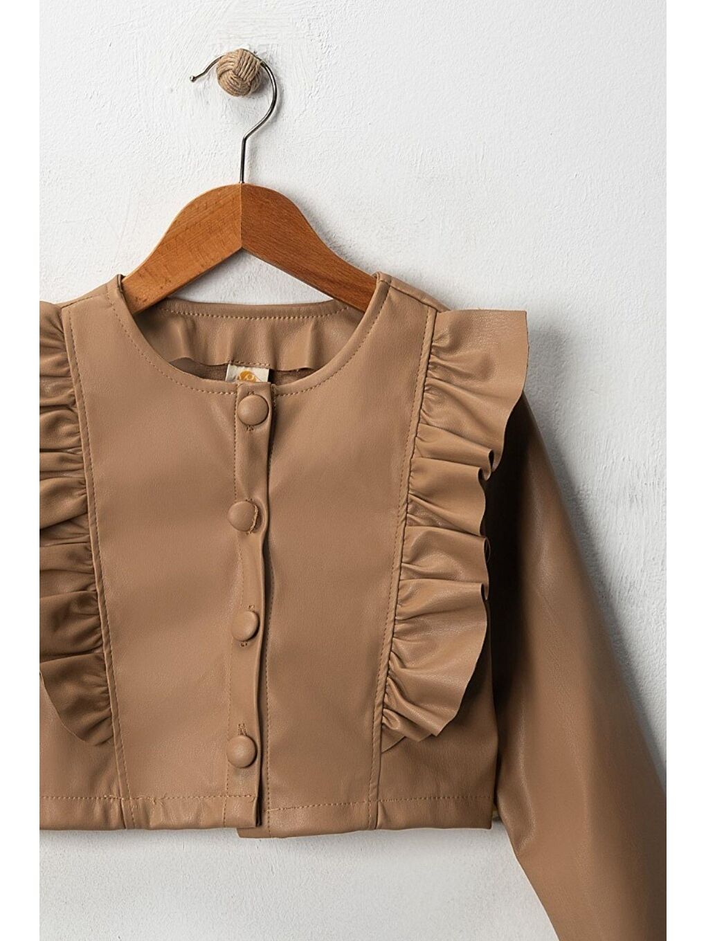 Kahverengi Kız Çocuk Fırfırlı Suni Deri Ceket-1