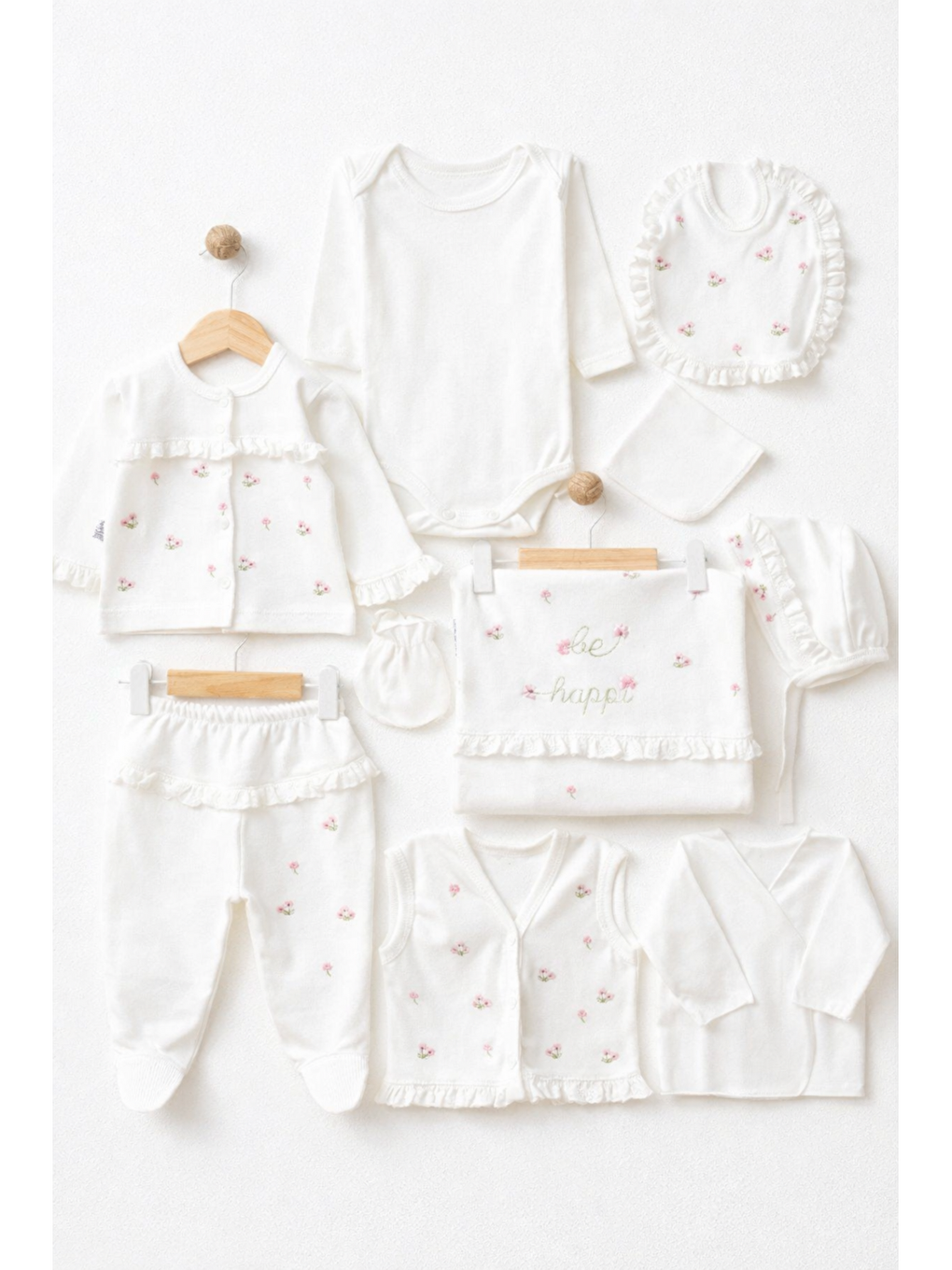 Beyaz Be happy Çiçekli Kutulu Lüx 10lu Hastane Çıkış Seti Yenidoğan Hediyelik Premium Pamuklu