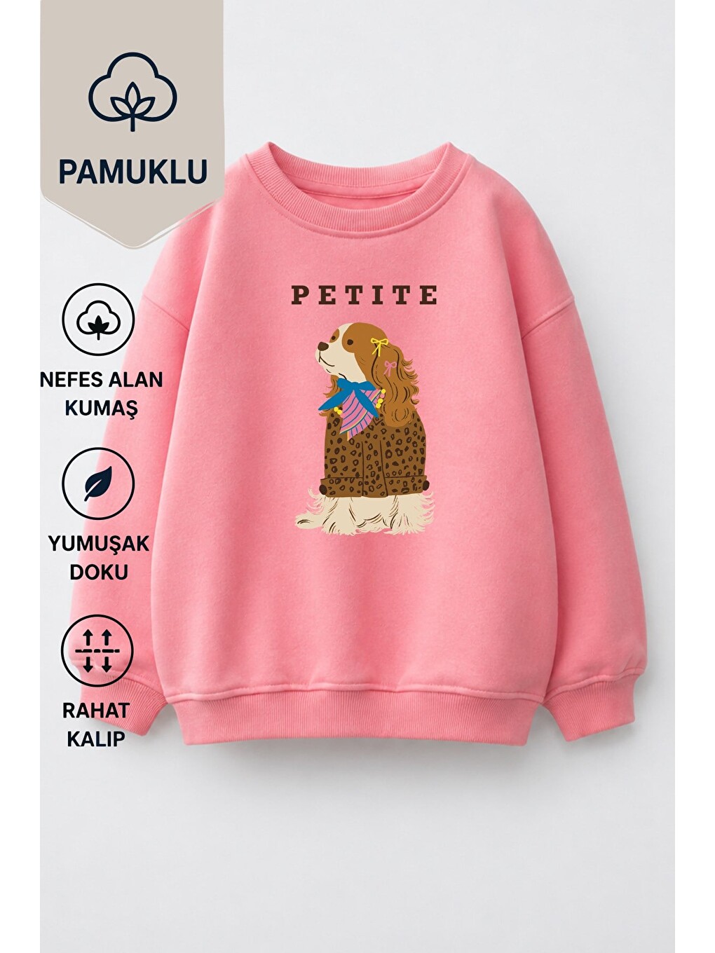Pembe Kız Çocuk 3 İplik Kumaş Pamuklu Köpek Baskılı Sweatshirt-1