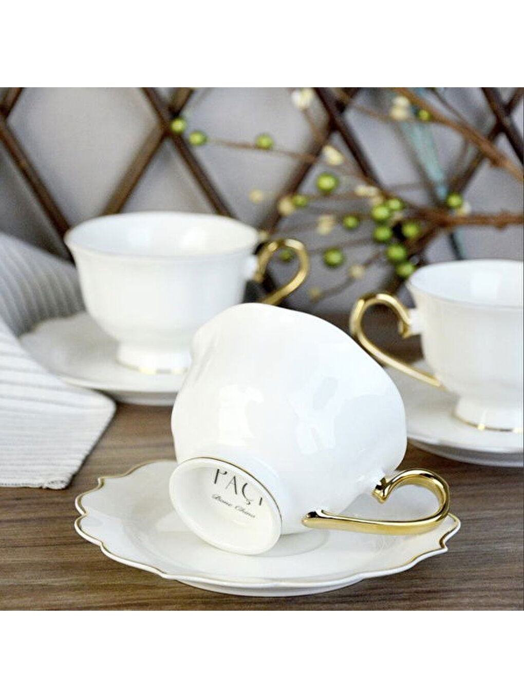 Stella Porselen 6'lı Gold Kulplu Kahve Fincanı - Beyaz / Altın-1