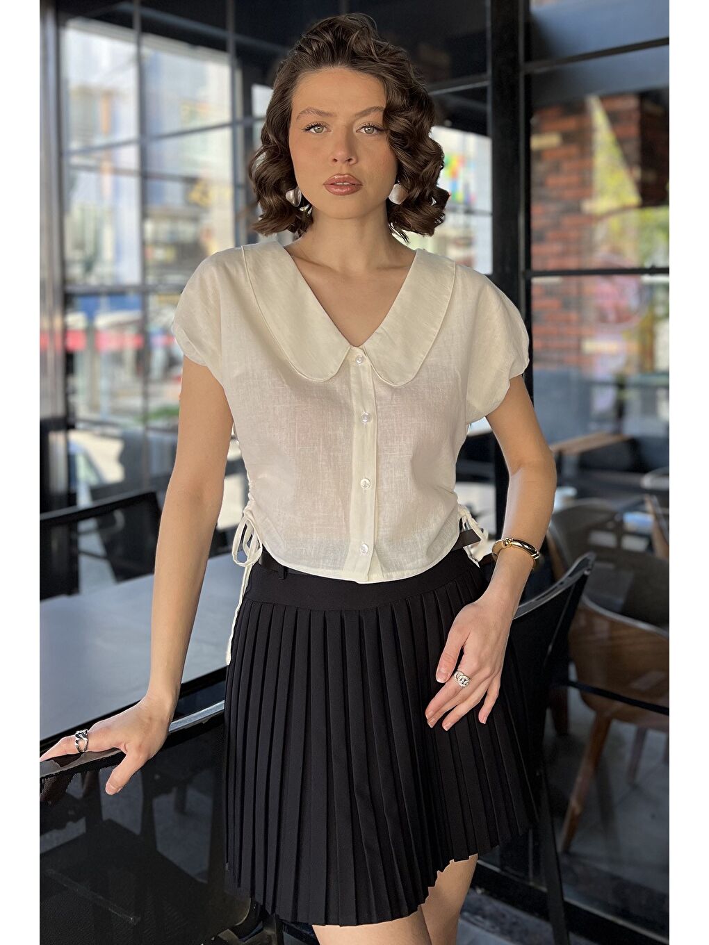 Ekru Kol Lastikli Yan Bağcıklı Kadın Gömlek-1