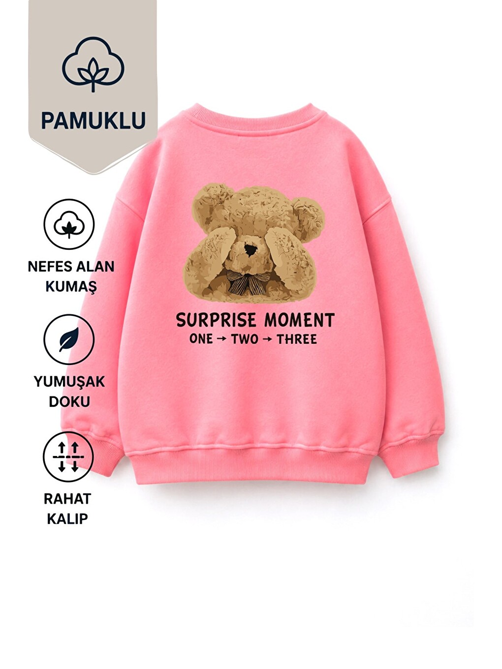 Pembe Unisex Çocuk 3 İplik Kumaş Pamuklu Sırtı Ayıcık Baskılı Sweatshirt-1