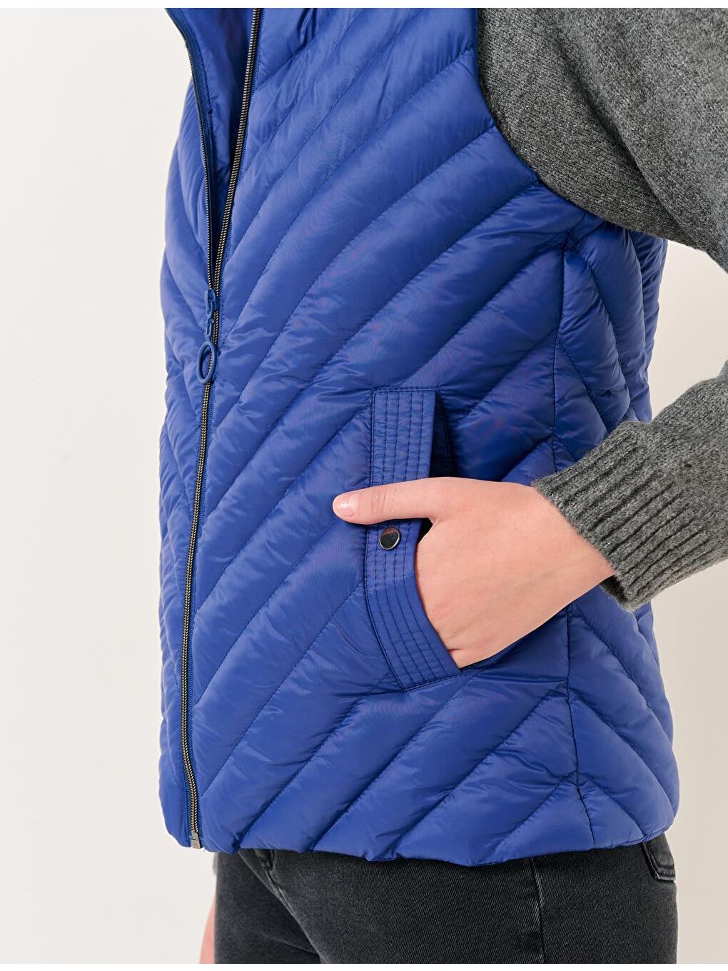 İndigo Mavi Kapüşonlu Fermuarlı Cepli Şişme Yelek Mont-5