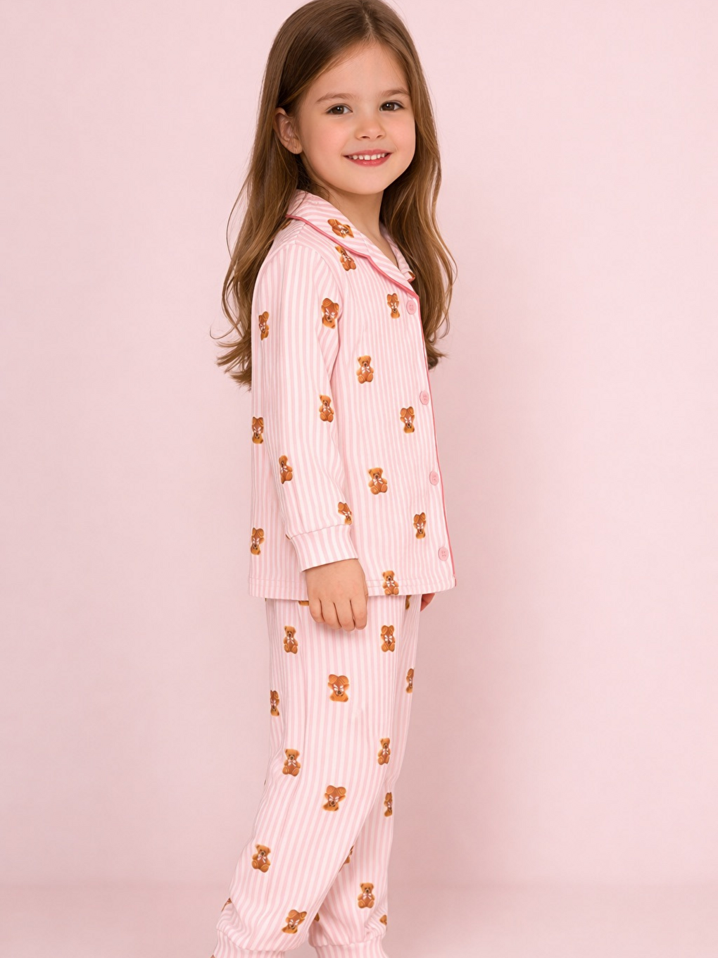 Pembe Bebe Yaka Düğmeli Kız Çocuk Pijama Takımı-2